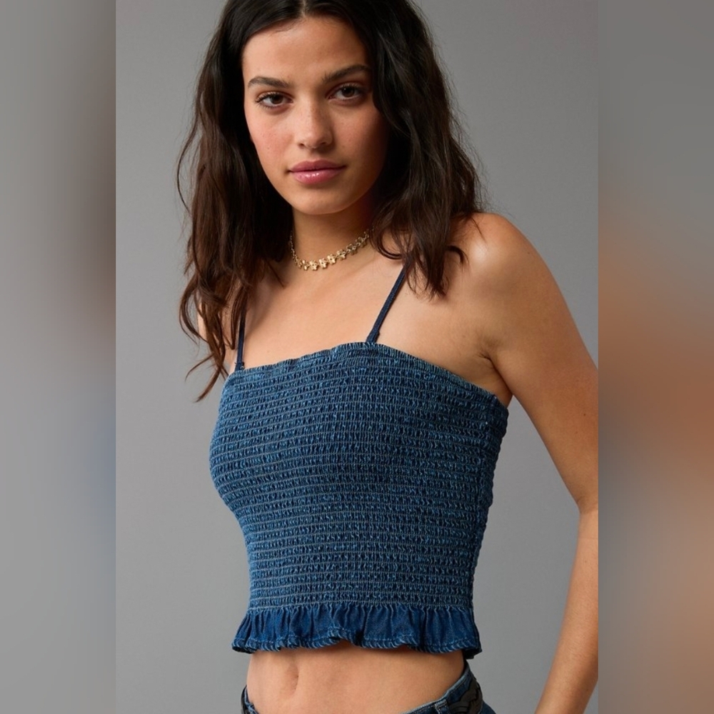 American Eagle Outfitters Blue Smocked Crop Top